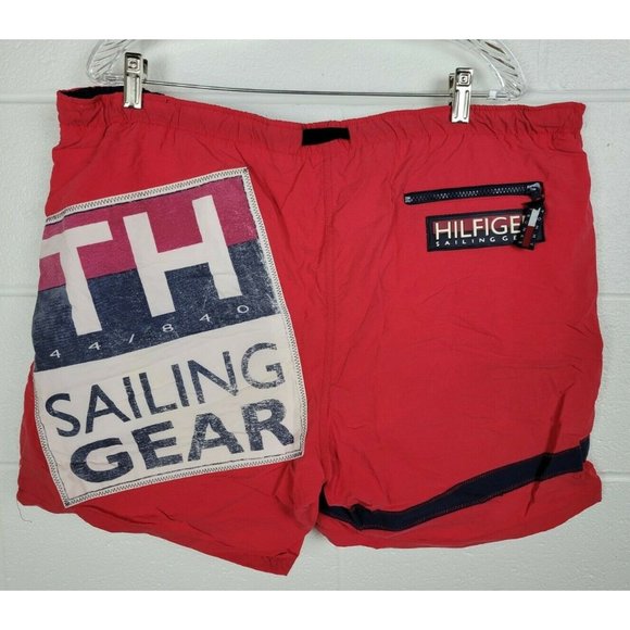 Vintage Tommy‎ Hilfiger Sailing Gear TH 044 Red Swim Trunks Shorts Flag Logo L - Picture 1 of 8